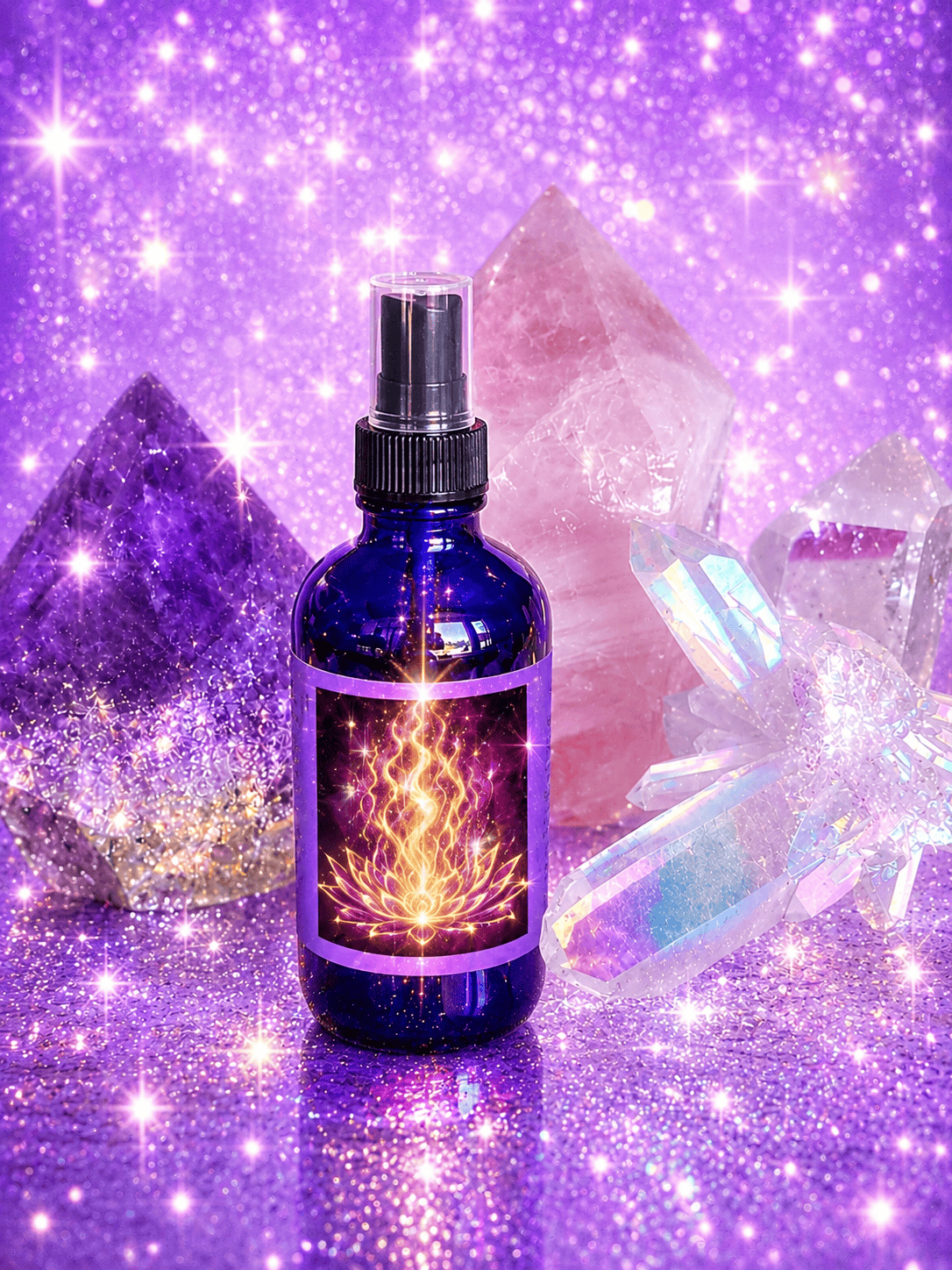 Violet Flame Vibrations Light Spray with crystals and sparkles.