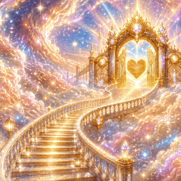 Golden staircase leading to a celestial gate with a heart-shaped opening in the clouds.