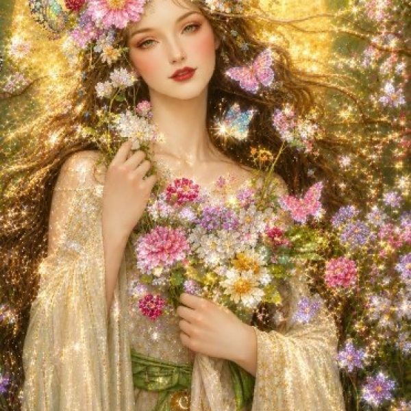 Beautiful woman with a floral crown and butterflies, glowing in a magical setting.